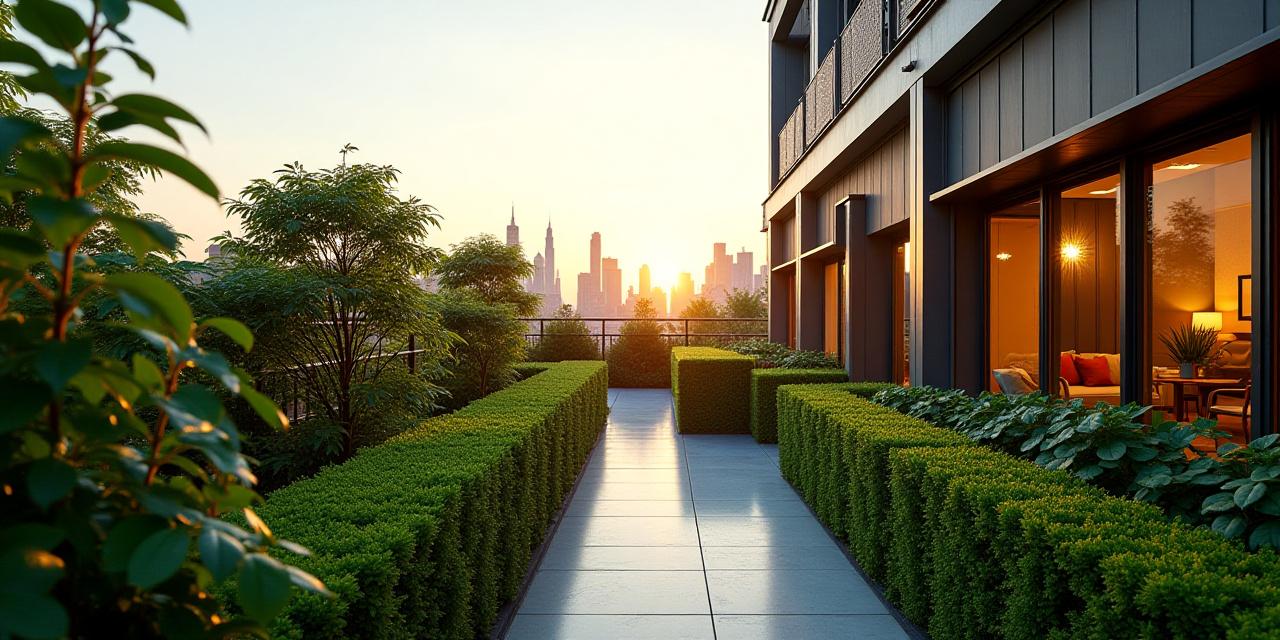 Lush New York rooftop garden with manicured hedges